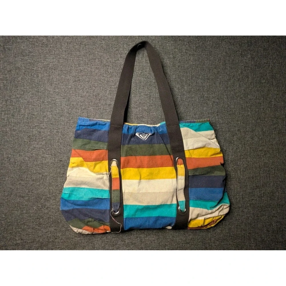 ROXY Y2K Multicolor Striped Canvas Beach Tote Carry Shoulder Strap Bag
